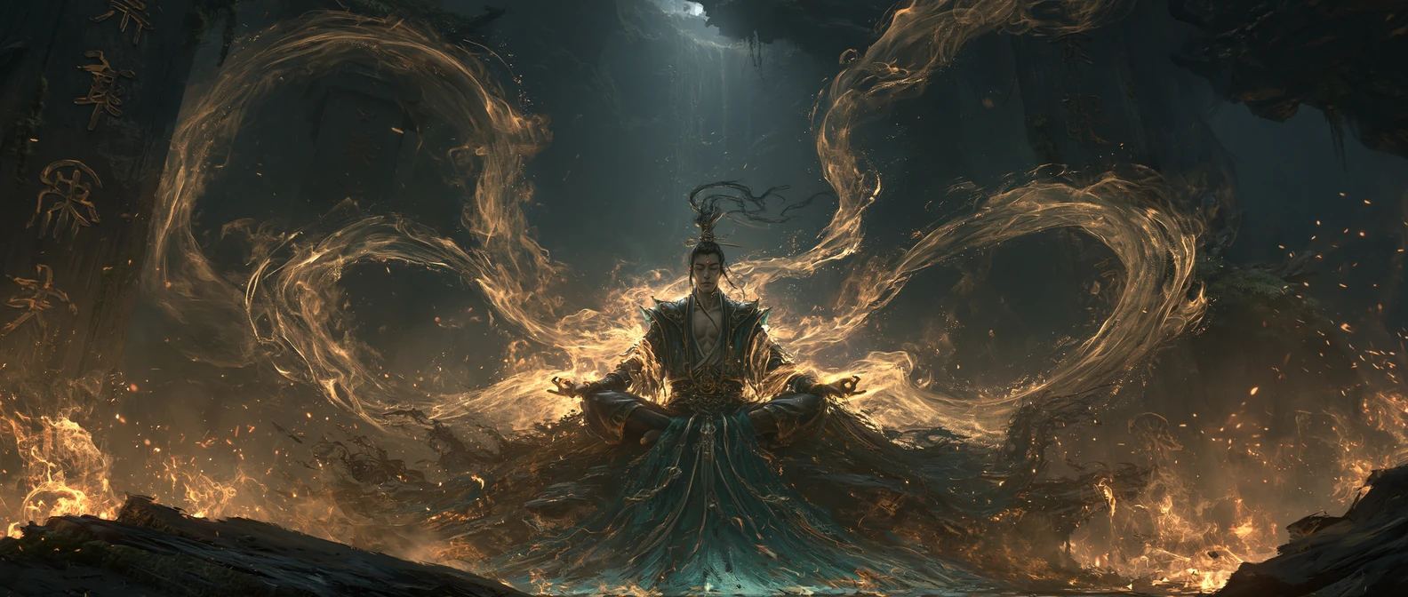 A lone cultivator sits cross-legged in a dark cavern, ringed by coiling currents of golden qi and drifting embers.