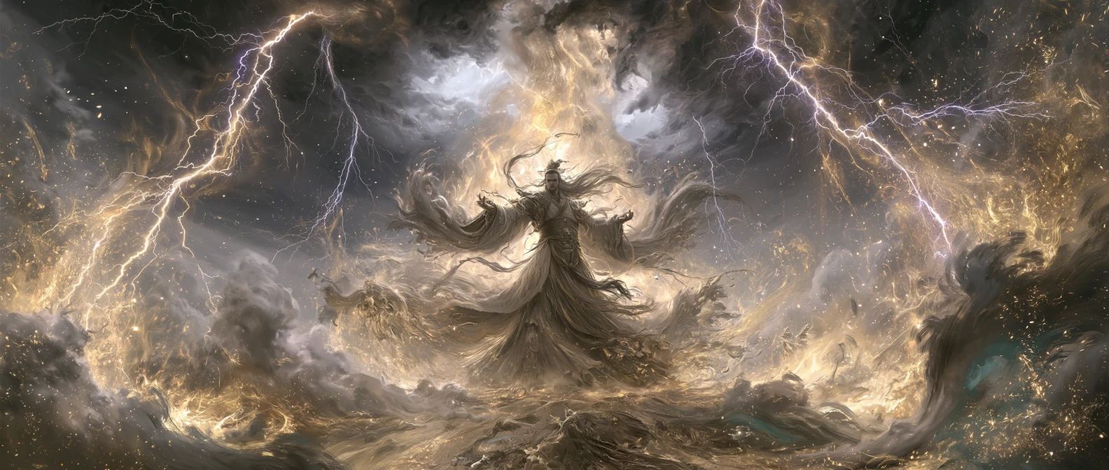 A cultivator stands with arms outstretched at the heart of a tribulation storm as lightning forks through churning golden cloud.