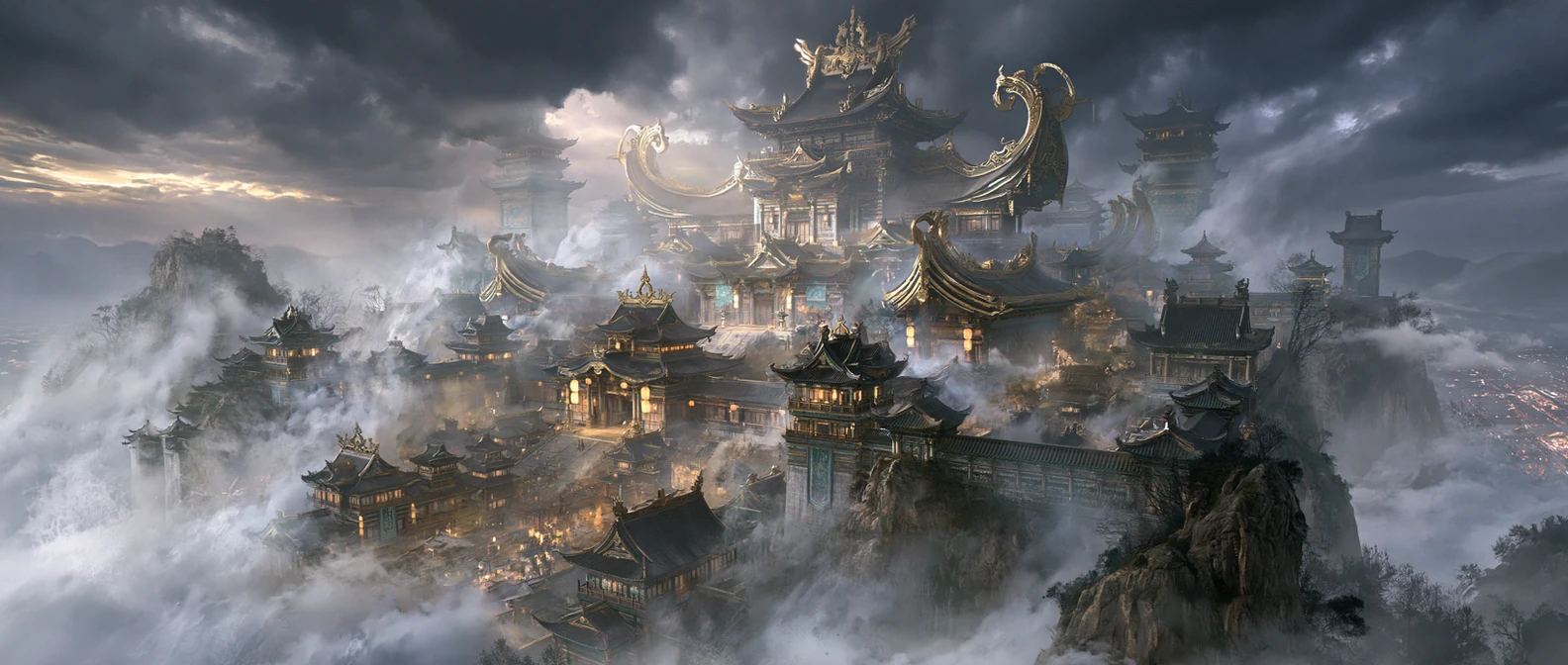 A vast sect complex of tiered pagodas and gold-crowned halls rising above a sea of cloud.