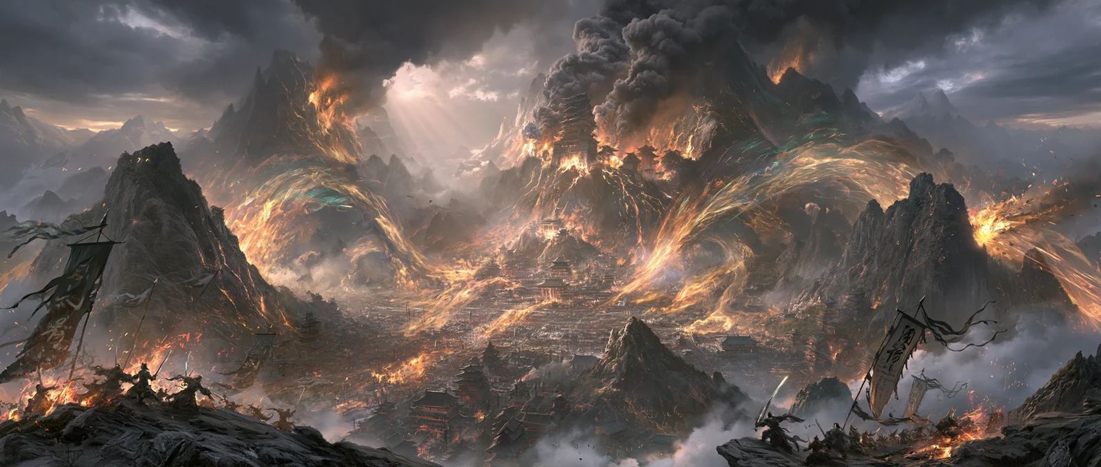 Two sect armies clash across a burning mountain valley, banners raised above the smoke and firelight.